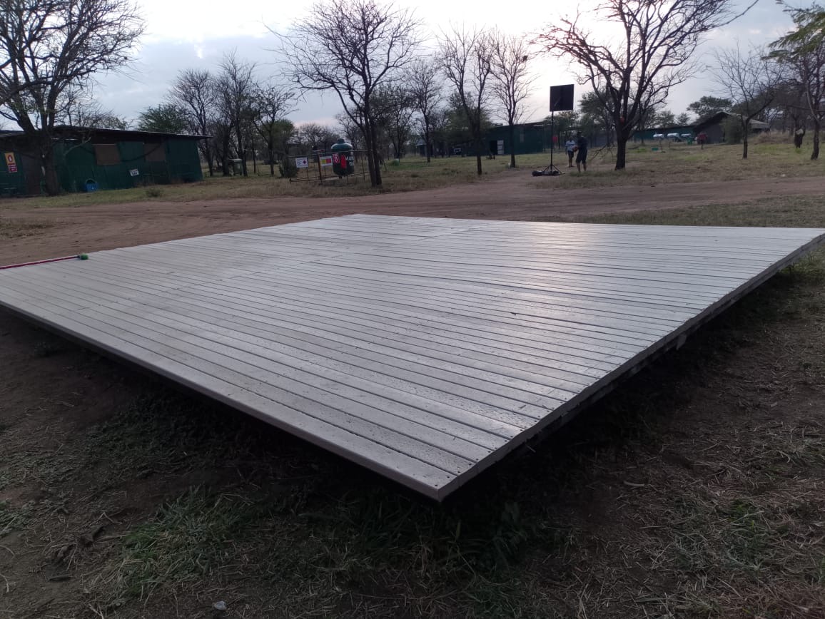 Large square recycled plastic deck platform completed at the Nyasa Balloon Safari camp