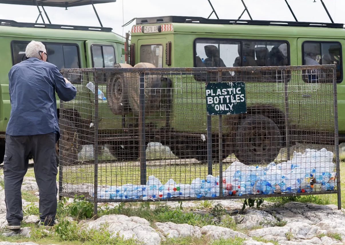 Roadside plastic bottle collection cage in a Tanzanian national park