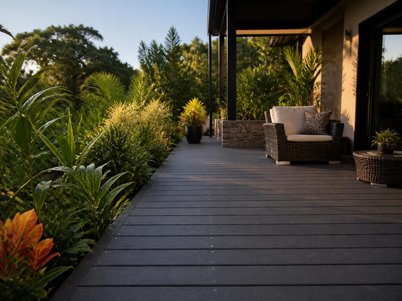 Charcoal recycled plastic decking boards on a tropical terrace
